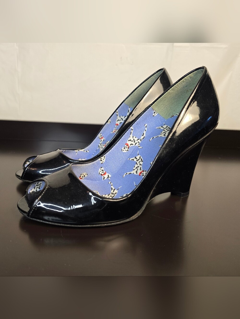 Stuart Weitzman Black Patent Leather Peep-Toe Wedges in Size 8